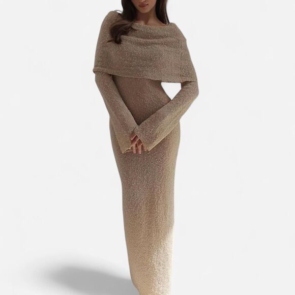 Meshki Marisol Wheat Bouclé Maxi Dress – Off-Shoulder Coquette Minimalist (XXS) - Picture 3 of 8